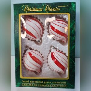 Commodore Christmas Classics Peppermint Hand Decorated Glass Ornaments Romania